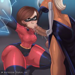 1futa 1girls ass balls big_ass big_balls big_breasts big_penis blonde_hair bondage breasts brown_hair cameltoe dark-skinned_futanari dark_skin disney elastigirl erection fellatio fellatio_face female femsub futa_on_female futadom futanari helen_parr huge_ass mirage_(the_incredibles) nipple_bulge oral oral_sex penis pixar rakunart restrained saliva skintight the_incredibles thick_thighs