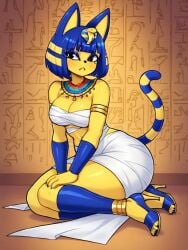 ai_generated animal_crossing ankha ankha_(animal_crossing) blue_hair breasts child_bearing_hips cleavage egyptian furry high_heels nintendo no_humans short_hair sicksean thick_thighs