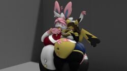 bbw big_breasts breasts cleavage eeveelution female furry huge_breasts kingofthekabuto overweight pikachu pokemon pokemon_(species) queenofthekabuto sylveon tagme