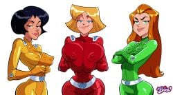 3_bodysuits 3girls alex_(totally_spies) atomicrailgun bedroom_eyes big_breasts blonde_hair bodysuit clover_(totally_spies) female female_only ginger large_breasts long_hair medium_breasts png puffy_nipples sam_(totally_spies) short_hair small_breasts smirk squeezing_breast teenager thin_waist totally_spies voluptuous wide_hips