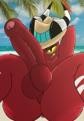 ass balls banksauce beach big_penis clothing crimson_(helluva_boss) demon digital_media_(artwork) erection eye_scar facial_scar genitals hair hat headgear headwear hellaverse helluva_boss hi_res horn horn_markings huge huge_cock humanoid imp leg_scar looking_at_viewer male markings nude penis scar scars_all_over simple_background solo tail thigh_scar