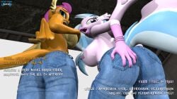 16:9 3d anthro ass avian big_breasts big_butt bird breasts clothed clothing daveman1000 dialogue digital_media_(artwork) dragon duo english_text female friendship_is_magic hasbro hi_res holding_breast holding_butt looking_back my_little_pony mythological_creature mythological_scalie mythology nipples scalie shadow silverstream_(mlp) simple_background smolder_(mlp) source_filmmaker_(artwork) tail text topless widescreen