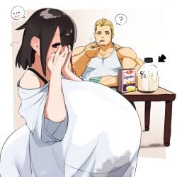 ... 1boy 1girls ? big_breasts black_hair blonde_hair blush breasts breasts_bigger_than_head covering_face embarrassed female hair_ornament looking_at_viewer male milk mole muscular muscular_male naze original red_eyes shortstack t-shirt tank_top