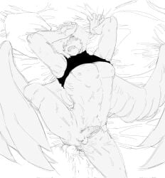 2boys anal anal_sex angel angel_wings arms_up big_pecs blush clenched_teeth cum erection feathered_wings gay gintama gintoki_sakata hair_over_one_eye looking_at_viewer male male_only male_pov monochrome on_back on_bed pecs penis qi_mio sheet_grab shirt_up solo solo_focus sweat toned toned_male uncensored wings yaoi