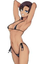 1girls aiue_oka armpits arms_behind_head bikini black_bikini black_hair blue_eyes breasts collarbone commentary_request covered_erect_nipples grin highres hinata_sae ijirare_~fukushuu_saimin~ looking_at_viewer medium_breasts navel short_hair side-tie_bikini_bottom smile solo string_bikini swimsuit tan white_background