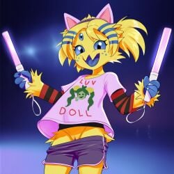 :3 ai_assisted ai_generated arachnid cat_ears dolliv english_text female glowstick joltik kokenaart multiple_eyes petite pokemon pokemon_(species) pussy shirt shorts shorts_down solo striped striped_hair