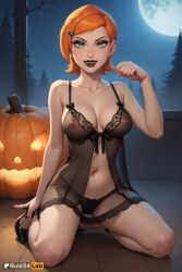 1girls ai_generated artist_name ben_10 black_footwear black_lips black_nails black_panties breasts cartoon_network cleavage collarbone earrings female full_body full_moon green_eyes gwen_tennyson hair_ornament hairclip halloween hi_res jack-o'-lantern jewelry kneeling lingerie lipstick looking_at_viewer makeup medium_breasts mole mole_on_breast moon navel night nipples orange_hair panties patreon_username paw_pose pumpkin rule34lab see-through short_hair smile solo tree underwear younger_female