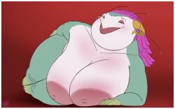 antennae_(anatomy) anthro big_breasts blep blush body_blush breasts dragon feathers female hand_on_leg hi_res horn lying monster mythological_creature mythological_scalie nude obese obese_female on_side overweight overweight_female pink_feather_hair queen_ellsmere_(spellbound) rogero_(artist) scalie solo spellbound_(netflix) tongue tongue_out wide_hips