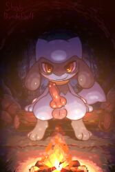 2:3 animal_genitalia animal_penis anthro balls blue_body blue_fur blush bodily_fluids bundefault canid canine erection feral fur generation_4_pokemon genitals looking_at_viewer male male_only mammal nintendo nude penis pokemon pokemon_(species) riolu smile solo tail