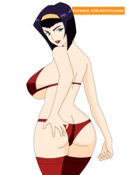 1girls alpha_channel back_view bikini breasts cowboy_bebop faye_valentine female for_sticker_use hairband human large_breasts looking_at_viewer looking_back pale-skinned_female pale_skin pervyangel png purple_hair short_hair solo sticker_template thighhighs transparent_background transparent_png