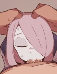 1girls all_the_way_to_the_base closed_eyes cum_in_mouth cum_in_throat deepthroat deepthroat_holder eye_contact eyelashes eyeshadow fellatio female female_focus hair hair_over_one_eye hands_on_head head_grab holding holding_head little_witch_academia long_hair nns_(sobchan) no_gag_reflex oral pale_skin penis penis_in_mouth pink_eyes pink_hair pov pubic_hair saliva saliva_on_penis saliva_trail simple_background solo_focus sorceress sound_effects sucking sucy_manbavaran sweat witch