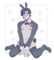 bandaids_on_nipples black_hair blush bow_panties bowtie brown_eyes bunny_ears bunny_tail bunnysuit cuffs_(clothing) facial_hair heart_symbol long_hair male_only midriff seong_gi-hun sitting_on_floor squid_game sweatdrop thigh_highs thong