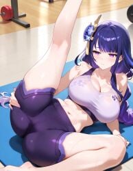 barefoot genshin_impact legs_up purple_eyes purple_hair raiden_shogun sports_bra sportswear sweat