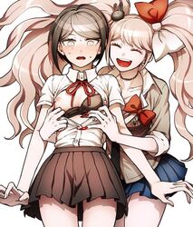 2girls assisted_exposure black_hair blonde_hair blush bra closed_eyes danganronpa embarrassed embarrassed_nude_female enf female forced_exposure freckles grey_eyes gyaru junko_enoshima long_nails mukuro_ikusaba nipple nude open_eyes open_mouth open_shirt sisters small_breasts straight_hair zakiko zakki