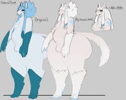 1boy 3_toes alternate_color anthro anthrofied belly big_ass big_belly blue_eyes blue_fur bottom_heavy canine chubby claws dongwongtang earrings feet femboy furry glaceon half-closed_eyes huge_ass large_ass long_hair male male_only model_sheet nude original_character paws pokemon pokemon_dppt punk_(dongwongtang) sheath sketch solo tail text thick_thighs watermark white_fur wide_hips