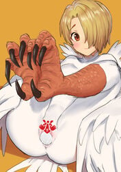 animal_humanoid anus avian avian_humanoid azuse egg egg_laying feathers female genitals hair hair_over_eye harpy_girl humanoid ishuzoku_reviewers looking_at_viewer monster_girl one_eye_obstructed pussy scutes solo talons white_body white_feathers