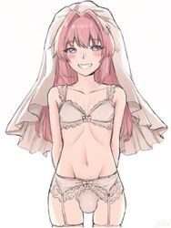 1boy astolfo_(fate) blush bra bridal_lingerie bridal_stockings bridal_veil bride bulge collarbone cute fate/apocrypha fate/grand_order fate_(series) femboy feminine_male garter_belt garter_straps grin groin hands_behind_back happy lace-trimmed_bra lace-trimmed_panties lace_trim long_hair male male_bride male_only pink_hair smile solo standing trap_bride underwear wedding_lingerie wedding_veil