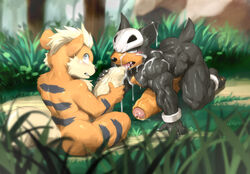 2boys all_fours anthro anthro_on_anthro anthrofied ass barefoot biceps big_penis black_body black_fur blush bodily_fluids bone brown_fur bush canine claws cum cum_in_mouth cum_inside cum_on_back cum_on_chest cum_on_ear cum_on_face cum_on_ground cum_on_penis cum_on_shoulder cum_on_tongue cum_string day erection facial fangs fellatio foreskin forest fur furry gay genital_fluids grass grey_eyes growlithe hair half-closed_eyes holding_penis houndour huge_penis humanoid_genitalia humanoid_penis kuroma licking long_penis looking_at_viewer looking_back looking_up male male_only mammal messy multicolored_body multicolored_fur muscular narrowed_eyes nintendo nude on_ground oral orange_body orange_fur orange_penis orgasm outdoors outside penis penis_lick pink_tongue pokémon_(species) pokemon pokemon_(species) pokemon_gsc pokemon_rgby presenting presenting_penis sharp_teeth sitting skull stripes tail tan_body tan_fur tan_hair teeth thick_penis tongue tongue_out tree triceps uncut veins veiny_penis video_games white_fur yaoi