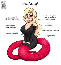 :3 black_dress blonde_hair haloowl ideal_gf lamia nipple_bulge sharp_teeth thick_eyebrows