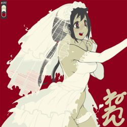 1futa bangs black_hair blush bridal_gauntlets bridal_veil color_guide dress elbow_gloves erection futa_only futanari gloves heart heart-shaped_pupils limited_palette long_hair low_twintails makoto_(neone) navel neone-x open_clothes open_dress open_mouth original penis red_background sidelocks simple_background solo symbol-shaped_pupils twintails veil white_dress