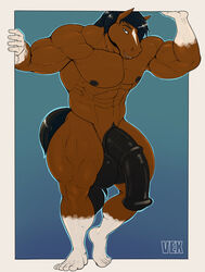 1boy abs anthro balls biceps big_balls big_penis black_hair black_penis brown_fur deltoids equine flaccid flared_penis furry huge_balls huge_cock large_penis large_testicles looking_at_viewer male male_only mane medial_ring muscles muscular muscular_male nude outside_border pecs penis semi-erect serratus_anterior smile solo standing testicles two_tone_fur vexdemon wide_shoulders