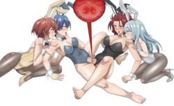 4girls absurdres akuma_no_riddle animal_ears arm_support azuma_tokaku bare_legs bare_shoulders barefoot blue_eyes blue_hair blush bottomless bow bowtie breasts bunny_ears bunny_girl bunny_tail bunnysuit clitoris clothed_sex clothing collar commission cross_section eye_contact eyebrows_visible_through_hair fake_animal_ears female_fertilization female_only hand_on_another's_arm highres ichinose_haru kirigaya_hitsugi large_breasts leaning_back leenvidia light_blue_hair long_hair looking_at_another medium_breasts medium_hair messy_hair multiple_girls namatame_chitaru open_mouth ovum pantyhose pink_eyes pussy pussy_juice red_eyes red_hair scar shiny shiny_hair shiny_skin shoes sitting small_breasts smile spread_legs tail teeth tongue tongue_out transparent_background tribadism twintails uncensored wrist_cuffs yellow_eyes yuri