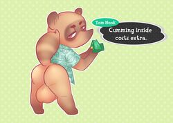 2020 animal_crossing anthro ass barefoot bent_over big_testicles bottomless brown_body brown_eyes brown_fur brown_testicles canid canine dialogue english_text fur furry genitals half-closed_eyes happidood highres looking_at_viewer looking_back male male_only mammal money narrowed_eyes nintendo presenting presenting_hindquarters procyonid raccoon raccoon_dog shirt solo talking_to_viewer tanuki testicles text tom_nook topwear