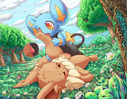 1boy 1girls 2019 3_toes amazing_background animal_genitalia animal_penis big_ears big_eyes black_fur blue_fur blue_sky blush bodily_fluids brown_eyes brown_fur canine claws cloud clouds colored day detailed_background dew digital_media_(artwork) duo eevee feet feline female feral feral_on_feral flower foot_fetish foot_lick foot_licking foot_play furry genital_fluids grass grinding hi_res interspecies leg_glider_position leg_grab leg_up licking long_ears lying male nature nintendo nude on_back one_eye_closed open_mouth oral outdoors outside paws penis plattyneko pokémon_(species) pokemon pokemon_dppt pokemon_rgby precum pussy raised_leg rubbing saliva sex shinx sky spread_legs straight tapering_penis teeth testicles text thick_thighs toes tongue tongue_out tree tuft video_games water watermark wide_hips yellow_eyes yellow_fur