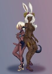 1futa 1girls areolae au_ra balls big_breasts big_penis breasts brown_nipples dark-skinned_female dark-skinned_futanari dark_skin feet female final_fantasy final_fantasy_xiv futanari highres large_breasts larger_female long_hair nipples size_difference smaller_futanari solaire_oroniri standing testicles toenail_polish toes viera white_hair xaela