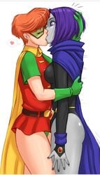 2girls belt carrie_kelley closed_eyes clothing dc dc_comics female flick green-tinted_eyewear human kissing outerwear rachel_roth raven_(dc) robin_(carrie_kelley) robin_(dc) short_orange_hair short_purple_hair sunglasses surprised teen_titans tinted_eyewear yuri