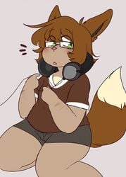 1boy anthro blush brown_hair brown_nose chubby clothed eyebrows_visible_through_hair furry glasses green_eyes headphones male_only marbelle notice_lines original_character pointing_at_self shirt short_hair shorts solo_male tail thick_thighs todd_(marbelle) two_tone_fur wire