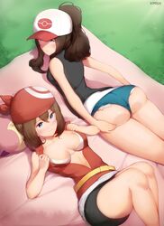 2girls ass bag bandana bangs baseball_cap belt bike_shorts black_shorts blue_eyes blush bra breasts brown_hair bubble_butt cleavage denim denim_shorts eyebrows_visible_through_hair female female_only hat high_resolution hilda_(pokemon) hourglass_figure human human_only jacket kimoshi long_hair lying may_(pokemon) may_(pokemon_rs) medium_breasts midriff multiple_girls nintendo on_back on_stomach pillow pokemon pokemon_bw pokemon_rse ponytail red_jacket shirt short_shorts shorts small_breasts smile spats tied_hair underwear white_bra white_shirt white_underwear