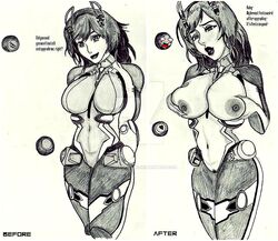 1girls android areolae big_breasts big_lips black_and_white bodysuit brainwashing breast_grab breasts hands_on_breasts mind_break mind_control nipples projectfemme robot_girl seveneyedlamb sketch smiling sylvia sylvia_(seveneyedlamb) transformation