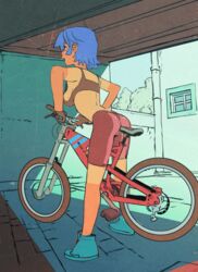 1girls ahoge animated ass bicycle bike_shorts blue_eyes blue_hair bouncing_breasts breasts clothing female female_only human jjfrenchie looking_at_viewer pale_skin solo sportswear