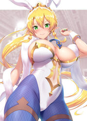 >:) 1girls animal_ears areola_slip areolae artoria_pendragon artoria_pendragon_(swimsuit_ruler) artoria_pendragon_(swimsuit_ruler)_(cosplay) ass_visible_through_thighs bangs bare_shoulders blonde_hair blue_legwear blue_necktie blue_neckwear blue_pantyhose blush braid breasts bunny_ears bunnysuit center_opening cleavage cosplay cowboy_shot detached_collar dress dress_lift elf embarrassed fake_animal_ears fate/grand_order fate_(series) female female_only fishnet_legwear fishnet_pantyhose fishnets fur fur_scarf gold_trim green_eyes green_nails hair_between_eyes hair_ornament hair_tie hand_up high_ponytail high_resolution highleg highleg_leotard kawase_seiki large_breasts leafa leotard long_hair looking_at_viewer looking_down nail_polish navel navel_cutout necktie pantyhose pointed_ears ponytail scarf shawl sidelocks smile solo standing strapless strapless_leotard sweat sword_art_online thigh_strap tiara tied_hair twin_braids v-shaped_eyebrows very_high_resolution very_long_hair viewed_from_below white_background white_leotard white_neckwear white_scarf wrist_cuffs