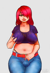 1futa ball_bulge balls belly_button breasts bulge cameltail chubby erection erection_under_clothes futa_only futanari grabbing_own_breast huge_breasts jeans kokman large_penis penis penis_bulge penis_under_clothes pink_hair thick thick_thighs