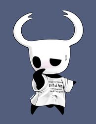 2020 absurd_res arthropod balls black_body black_skin blush bodily_fluids bulge clothing cum english_text erection erection_under_clothing genital_fluids genitals hi_res hollow_knight insects male male_only oversized_shirt picaipii protagonist_(hollow_knight) shirt simple_background solo standing sweat team_cherry text topwear vessel_(species) video_games white_clothing white_shirt white_topwear