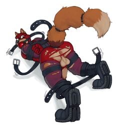 1:1 angry anthro anus ass ball_gag balls belt biceps big_ball_gag bondage boots bound clothing digital_media_(artwork) footwear fur gag gagged genitals gimp harness hero hi_res hicanyoumooforme humanoid_genitalia humanoid_penis leather male male_only mammal muscular penis procyonid raccoon safeword_(character) simple_background solo superhero