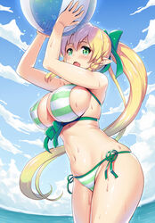 arms_up ball beachball bikini blonde_hair blue_sky blush bow braid breasts cleavage cloud cloudy_sky cowboy_shot day erect_nipples erect_nipples_under_clothes female female fisheye front-tie_top green_bikini green_eyes hair_ornament hairbow high_resolution huge_breasts in_profile kawase_seiki large_breasts leafa leaning_forward long_hair looking_at_viewer navel nipples open_mouth outdoors pointed_ears ponytail shiny shiny_skin side-tie_bikini sideboob skindentation sky solo striped striped_bikini striped_swimsuit swimsuit sword_art_online tied_hair twin_braids very_long_hair wet