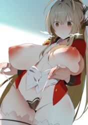 amagi_brilliant_park areolae blush breasts breasts_out brown_hair embarrassed erect_nipples eyebrows_visible_through_hair female furau hair_ornament high_resolution huge_breasts legs long_hair nipples panties partially_visible_vulva sento_isuzu solo stockings string thong wide_hips