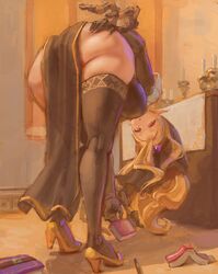 anus bent_over big_ass blonde_hair heels kazo looking_at_viewer pointy_ears priestess wide_hips