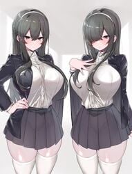 2020 2girls absurd_res absurdres big_breasts blush dark_hair grey_eyes hair_between_eyes hair_over_one_eye hairband hand_on_hip hi_res highres huge_breasts looking_at_viewer mitsudoue multiple_girls school_uniform schoolgirl skirt tagme thick_thighs thighhighs twins