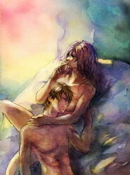 1boy 1girls after_sex afterglow artistic_nude bartz_klauser brown_hair butz_klauser cigarette closed_eyes couple duo faris_scherwiz female final_fantasy final_fantasy_five koutoubu long_hair lying male midriff nude occipital purple_hair shirtless short_hair sleeping smoking straight traditional_art traditional_media