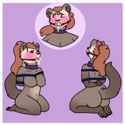 1:1 ball_gag blush bodily_fluids bondage bound breasts collar darlingsocks drooling embarrassed female flustered gag hands_behind_back hi_res kneeling lutrine mammal mustelid nipples rope rope_bondage rope_harness saliva sea_otter