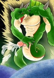 2020 abs absurd_res alien antennae_(anatomy) anthro audiophilliac balls biceps big_muscles bodily_fluids cum dragon dragon_ball dragon_ball_z ejaculation erection fangs genital_fluids genitals green_body green_skin hi_res male male_only muscular muscular_male naga nude pecs penis porunga red_eyes reptile scalie serpentine sharp_teeth simple_background snake solo teeth tongue tongue_out white_background