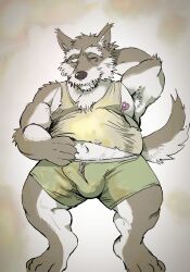 2022 anthro belly black_nose brown_body bulge canid canine canis clothing hi_res humanoid_hands kemono male mammal moobs navel nipples overweight overweight_male shirt solo topwear underwear wolf yazoe