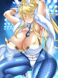 1girls armpits arms_behind_back artoria_pendragon artoria_pendragon_(lancer) artoria_pendragon_(swimsuit_ruler) blonde_hair bunny_ears bunny_girl dorachefu fate/grand_order fate_(series) fishnets huge_ass huge_breasts looking_at_viewer sweat thick_thighs tie