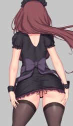 ass aster_crowley back black_dress breasts dress fate_(series) female grey_background highres large_breasts long_hair minidress purple_hair scathach_(fate) simple_background solo thighs updress