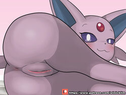 1girls 2020 2020s 4:3 :3 anus ass blush butt_focus digital_media_(artwork) eeveelution english_text espeon eye_contact feline female feral forehead_gem fur furry furry_only hi_res looking_at_viewer lying nintendo on_side patreon pokémon_(species) pokemon pussy solo tail text thick_thighs url video_games watermark wide_hips winick-lim