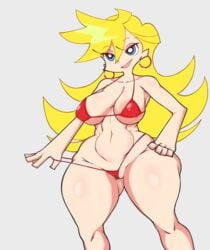 10s 1girls areolae ass between_labia bikini blonde_hair blue_eyes breasts female grey_background hair_between_eyes hand_on_hip huge_ass innie_pussy large_breasts long_hair looking_at_viewer open_smile panty_&_stocking_with_garterbelt panty_anarchy pussy red_bikini red_thong sideboob solo spiky_hair swimsuit thanuki thanukiart thick_thighs thighs thong thong_pull underboob